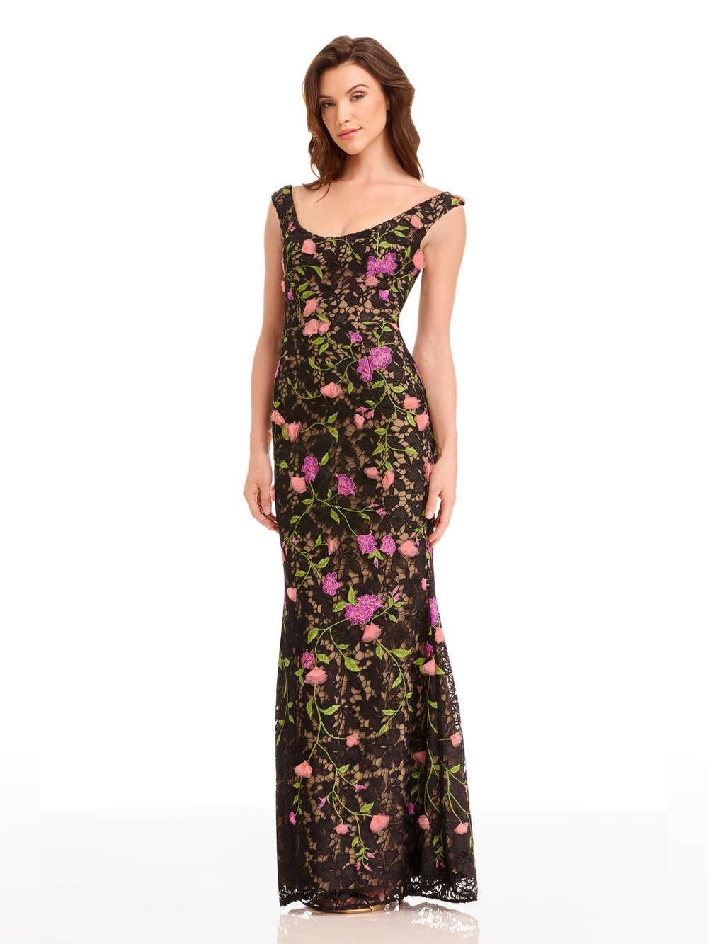 DRESS THE POPULATION Josie Floral Appliqué Sleeveless Gown In Black Multi Size S - Picture 8 of 17